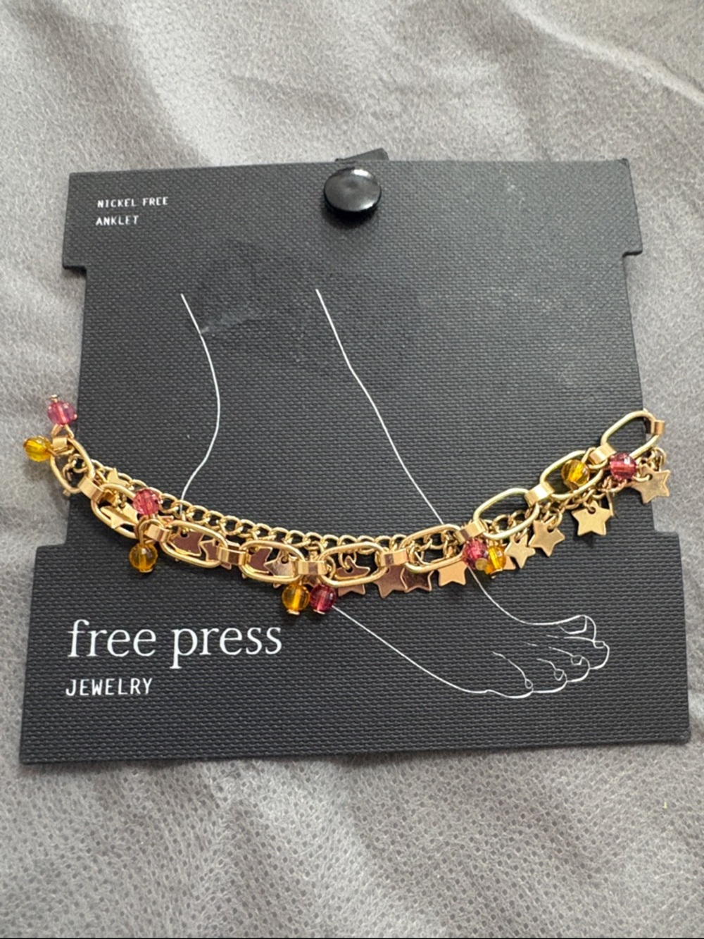 Layered Gold Star Charm Ankle Bracelet with Pink and Amber Beads NEW in Package